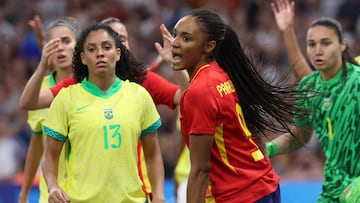Spain's forward #09 Salma Paralluelo reacts in the women's semi-final football match between Brazil and Spain during the Paris 2024 Olympic Games at the Marseille Stadium in Marseille on August 6, 2024. (Photo by Pascal GUYOT / AFP)