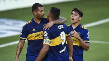 BUENOS AIRES, ARGENTINA - DECEMBER 27: Ramon Abila of Boca Juniors celebrates with teammates after scoring the first goal of his team during a match between Boca Juniors and Huracan as part of Zona Campeonato of Copa Diego Maradona 2020 at Estadio Alberto J. Armando on December 27, 2020 in Buenos Aires, Argentina. (Photo by Marcelo Endelli/Getty Images)