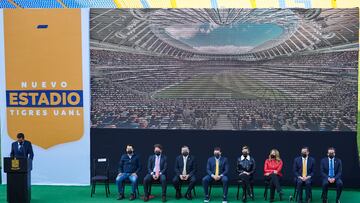 (L-R), Emiliano Cevallos, Daniel Carrillo Martinez, Mauricio Doehner, Santos Guzman Lopez, Samuel Garcia, Mariana Rodriguez, Ivonne Ileana Alvarez, Cesar Esparza, Mauricio Culebro during the presentation of the New Stadium Project of the Tigres UANL Team, at the University Stadium, on January 13, 2022.
<br><br>
(I-D), Emiliano Cevallos, Daniel Carrillo Martinez, Mauricio Doehner, Santos Guzman Lopez, Samuel Garcia, Mariana Rodriguez, Ivonne Ileana Alvarez, Cesar Esparza, Mauricio Culebro durante la presentacion del Proyecto Nuevo Estadio del Equipo Tigres UANL, en el Estadio Universitario, el 13 de Enero de 2022.