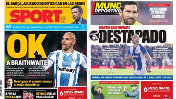 Portadas de los diarios Sport y Mundo Deportivo del d&iacute;a 18 de febrero de 2020.