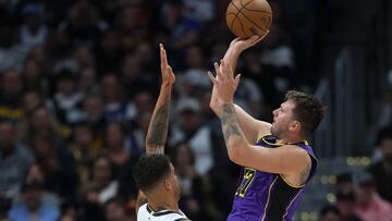 Luka Doncic #77 of the Los Angeles Lakers puts up a shot against Michael Porter Jr. #1 of the Denver Nuggets in the third quarter at Ball Arena on February 22, 2025 in Denver, Colorado.