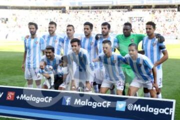 El once inicial del Málaga. De pie: Angeleri, Camacho, Charles, Recio, Miguel Torres, Kameni y Weligton. Agachados: Chory Castro, Duje, Juanpi y Rosales. 