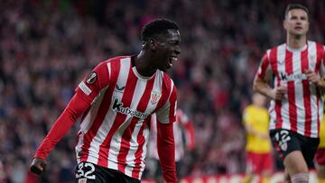Athletic Bilbao's Spanish defender #32 Adama Boiro celebrates after assisting on a goal by Athletic Bilbao's Spanish forward #12 Gorka Guruzeta during the UEFA Europa League 1st round day 5 football match between Athletic Club Bilbao and IF Elfsborg at the San Mames stadium in Bilbao on November 28, 2024. (Photo by CESAR MANSO / AFP)