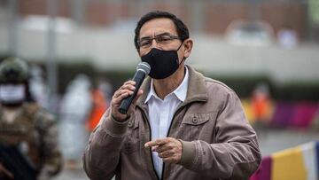 Peru&#039;s President Martin Vizcarra speaks to media before an operation to distribute essential products among those in need amid the COVID-19 novel coronavirus pandemic, in Villa Maria del Triunfo, on the southern outskirts of Lima, on September 15, 2020. - Vizcarra pushed back against his opponents on Monday days ahead of an impeachment vote, accusing Congress chief Manuel Merino of &quot;conspiracy&quot; by trying to secure military assurances for a bid to succeed him.
 Congress voted late Friday to open impeachment proceedings against Vizcarra for &quot;moral incapacity&quot; over accusations he incited aides to lie to anti-graft investigators. (Photo by Ernesto BENAVIDES / AFP)