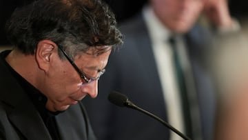 Colombian President Gustavo Petro attends a press conference after a White House meeting with U.S. President Donald Trump, at the Colombian embassy in Washington, D.C., U.S., February 3, 2026. REUTERS/Jonathan Ernst