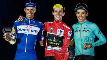De izquierda a derecha: Enric Mas, Simon Yates y Miguel Ángel López, podio de la Vuelta 2018.