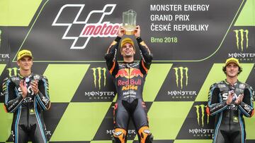Brno (Czech Republic), 05/08/2018.- Portuguese Moto2 rider Miguel Oliveira (C) of Red Bull KTM Ajo and talian Moto2 riders Luca Marini (L) of SKY Racing Team and Moto2 rider Francesco Bagnaia of Italy of Sky Racing Team celebrate on podium after the Moto2