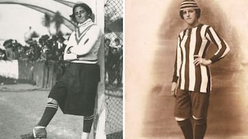 A la izquierda, Irene, antes de un partido en el Parque de Riazor, de A Coruña (el antiguo campo del Deportivo). Está datada en 1925 cuando tenía 16 años. A la derecha, Nita Carmona posa con la camiseta del Sporting de Huelva.