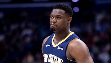 Apr 3, 2024; New Orleans, Louisiana, USA;  New Orleans Pelicans forward Zion Williamson (1) looks on against the Orlando Magic during the first half at Smoothie King Center. Mandatory Credit: Stephen Lew-USA TODAY Sports