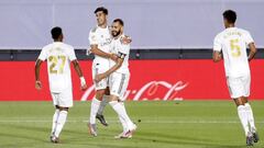 Rodrygo, Asensio y Benzema celebran el gol del franc&eacute;s al Alav&eacute;s.