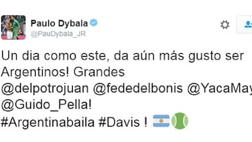 El jugador de la Juventus de Tur&iacute;n, Paulo Dybala, celebr&oacute; en su cuenta de Twitter el t&iacute;tulo de Argentina en la final de la Copa Davis.
