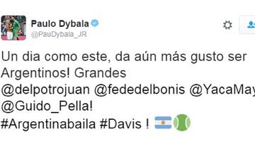 El jugador de la Juventus de Tur&iacute;n, Paulo Dybala, celebr&oacute; en su cuenta de Twitter el t&iacute;tulo de Argentina en la final de la Copa Davis.