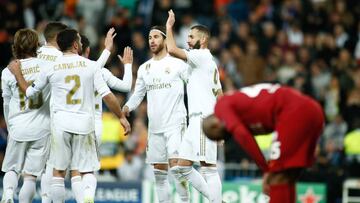 Karim Benzema, player of Real Madrid from France, celebrates a goal during the UEFA Champions League football match played between Real Madrid and Galatasaray at Santiago Bernabeu stadium on November 06, 2019, in Madrid, Spain.
 
 
 06/11/2019 ONLY FOR US