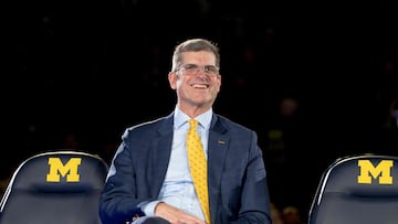 ANN ARBOR, MICHIGAN - JANUARY 13: Head coach Jim Harbaugh of the Michigan Wolverines smiles during the Michigan Wolverines football National Championship celebration on January 13, 2024 at Crisler Center in Ann Arbor, Michigan.   Nic Antaya/Getty Images/AFP (Photo by Nic Antaya / GETTY IMAGES NORTH AMERICA / Getty Images via AFP)