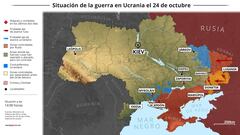 Mapa con la situación de la guerra en Ucrania el 24 de octubre (Estado a las 14:00 horas). Los avisos de Rusia sobre la supuesta utilización de armas radiológicas, más conocidas como bombas sucias, en Ucrania, negados por las principales autoridades ucranianas, han alimentado el temor a una escalada nuclear en el conflicto, en la medida en que se trata de un artefacto que incluye entre sus componentes material radioactivo.
24 OCTUBRE 2022
Europa Press
24/10/2022