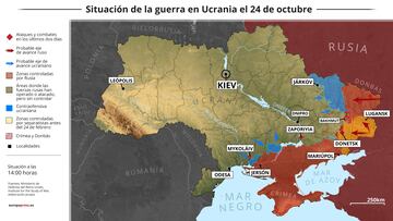 Mapa con la situaci¨®n de la guerra en Ucrania el 24 de octubre (Estado a las 14:00 horas). Los avisos de Rusia sobre la supuesta utilizaci¨®n de armas radiol¨®gicas, m¨¢s conocidas como bombas sucias, en Ucrania, negados por las principales autoridades ucranianas, han alimentado el temor a una escalada nuclear en el conflicto, en la medida en que se trata de un artefacto que incluye entre sus componentes material radioactivo.
24 OCTUBRE 2022
Europa Press
24/10/2022