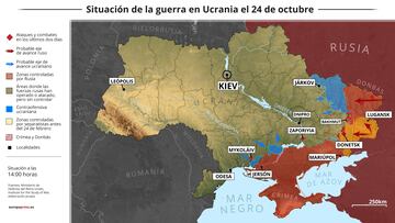 Mapa con la situación de la guerra en Ucrania el 24 de octubre (Estado a las 14:00 horas). Los avisos de Rusia sobre la supuesta utilización de armas radiológicas, más conocidas como bombas sucias, en Ucrania, negados por las principales autoridades ucranianas, han alimentado el temor a una escalada nuclear en el conflicto, en la medida en que se trata de un artefacto que incluye entre sus componentes material radioactivo.
24 OCTUBRE 2022
Europa Press
24/10/2022