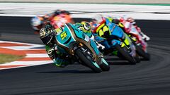 Honda Spanish rider Jaume Masia rides ahead in the Moto3 class race of the MotoGP Valencia Grand Prix at the Ricardo Tormo racetrack in Cheste, on November 26, 2023. (Photo by JOSE JORDAN / AFP)