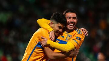 Nicolas Ibanez celebrate this goal 0-3 with Juan Pablo Vigon of Tigres during the 6th round match between Santos and Tigres UANL as part of the Torneo Clausura 2024 Liga BBVA MX at TSM -Corona- Stadium on February 10, 2024 in Torreon, Coahuila, Mexico.
