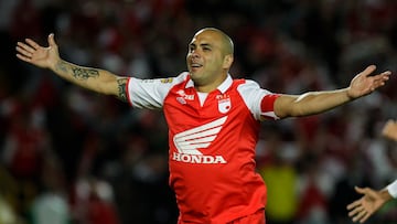 Omar Pérez celebra un gol a Millonarios en 2013.