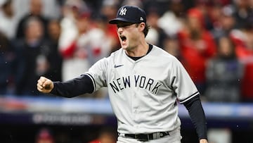 CLEVELAND, OHIO - OCTOBER 16: Gerrit Cole #45 of the New York Yankees reacts after a strikeout against the Cleveland Guardians during the seventh inning in game four of the American League Division Series at Progressive Field on October 16, 2022 in Cleveland, Ohio.   Christian Petersen/Getty Images/AFP