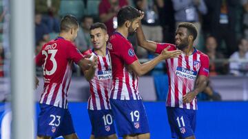 Los jugadores del Atlético celebran un gol en la Supercopa de Europa ante el Real Madrid.