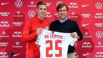 Dani Olmo en su presentación con el Leipzig, rival del Atlético en los cuartos de la Champions.