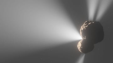 Recreación del centauro 29P/Schwassmann-Wachmann 1 liberando chorros de gas / NASA, ESA, CSA, L. Hustak (STScI)