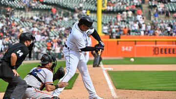 DETROIT, MI - APRIL 15: Detroit Tigers designated hitter Miguel Cabrera (24) singles to right field to drive in the winning run in the bottom of the eleventh inning during the Detroit Tigers versus the San Francisco Giants on Saturday April 15, 2023 at Comerica Park in Detroit, MI. (Photo by Steven King/Icon Sportswire via Getty Images)