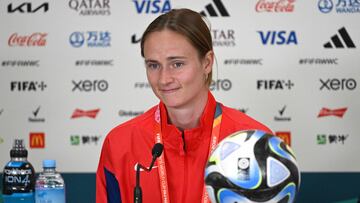 Norway's player Caroline Graham Hansen speaks during a press conference in Auckland on July 19, 2023, ahead of the Women's World Cup football tournament. (Photo by Saeed KHAN / AFP)