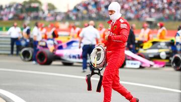 NORTHAMPTON, ENGLAND - JULY 14: 16th placed Sebastian Vettel of Germany and Ferrari looks dejected in parc ferme during the F1 Grand Prix of Great Britain at Silverstone on July 14, 2019 in Northampton, England. (Photo by Dan Istitene/Getty Images)