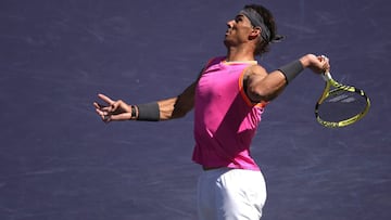 INDIAN WELLS, CALIFORNIA - MARCH 13: Rafael Nadal of Spain serves against Filip Krajinovic of Serbia during their match at the BNP Paribas Open at the Indian Wells Tennis Garden on March 13, 2019 in Indian Wells, California.   Sean M. Haffey/Getty Images/AFP
 == FOR NEWSPAPERS, INTERNET, TELCOS &amp; TELEVISION USE ONLY ==