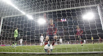 Back of the net. Messi on target against Real Madrid in March 2014.
