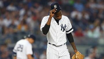 NEW YORK, NEW YORK - JUNE 01:  Domingo German #55 of the New York Yankees reacts in the fourth inning against the Boston Red Sox at Yankee Stadium on June 01, 2019 in New York City. (Photo by Mike Stobe/Getty Images)