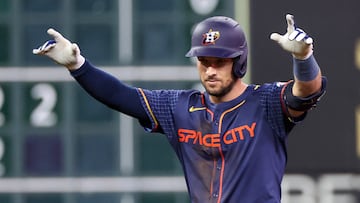 May 13, 2024; Houston, Texas, USA; Houston Astros third baseman Alex Bregman (2) reacts after hitting a two run RBI double against the Oakland Athletics in the eighth inning at Minute Maid Park. Mandatory Credit: Thomas Shea-USA TODAY Sports