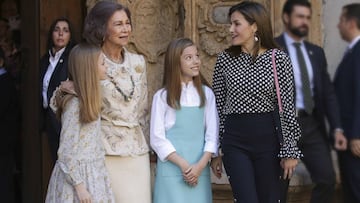 Letizia with daughters Princess of Asturias Leonor de Borbon and Sofia of Borbon, Queen Sofia of Greece during Easter Sunday Mass in Palma, on Sunday 1st April 2018