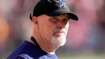 (FILES) Defensive Coordinator Dan Quinn of the Dallas Cowboys looks on prior to a game against the San Francisco 49ers in the NFC Divisional Playoff game at Levi's Stadium on January 22, 2023 in Santa Clara, California. Dallas Cowboys defensive coordinator Dan Quinn, who guided Atlanta to the 2017 Super Bowl, will be hired as the new head coach of the NFL's Washington Commanders, according to multiple reports February 1, 2024. (Photo by Thearon W. Henderson / GETTY IMAGES NORTH AMERICA / AFP)