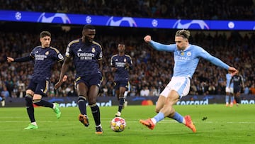 Soccer Football - Champions League - Quarter Final - Second Leg - Manchester City v Real Madrid - Etihad Stadium, Manchester, Britain - April 17, 2024
Manchester City's Jack Grealish in action with Real Madrid's Antonio Rudiger REUTERS/Carl Recine