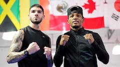 LAS VEGAS, NEVADA - MARCH 21: (L-R) Michael Zerafa and Erislandy Lara pose following work outs at the Split T Boxing Club on March 21, 2024 in Las Vegas, Nevada. Lara is scheduled to defend his title against Michael Zerafa on March 30, 2024, at T-Mobile Arena in Las Vegas. on March 21, 2024 in Las Vegas, Nevada.   Louis Grasse/Getty Images/AFP (Photo by Louis Grasse / GETTY IMAGES NORTH AMERICA / Getty Images via AFP)
