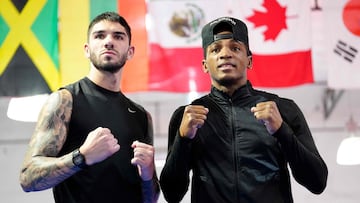 LAS VEGAS, NEVADA - MARCH 21: (L-R) Michael Zerafa and Erislandy Lara pose following work outs at the Split T Boxing Club on March 21, 2024 in Las Vegas, Nevada. Lara is scheduled to defend his title against Michael Zerafa on March 30, 2024, at T-Mobile Arena in Las Vegas. on March 21, 2024 in Las Vegas, Nevada. Louis Grasse/Getty Images/AFP (Photo by Louis Grasse / GETTY IMAGES NORTH AMERICA / Getty Images via AFP)