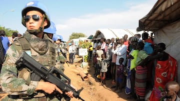 A UN peacekeeper stands guard in Jebel, near South Sudan's capital.