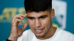 Paris (France), 30/10/2023.- Carlos Alcaraz of Spain holds a press conference at the Rolex Paris Masters tennis tournament in Paris, France, 30 October 2023. (Tenis, Francia, España) EFE/EPA/YOAN VALAT
