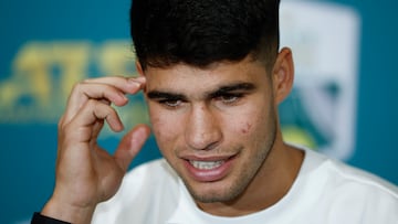 Paris (France), 30/10/2023.- Carlos Alcaraz of Spain holds a press conference at the Rolex Paris Masters tennis tournament in Paris, France, 30 October 2023. (Tenis, Francia, España) EFE/EPA/YOAN VALAT
