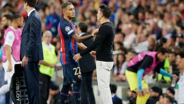 BARCELONA, SPAIN - OCTOBER 12: Raphinha of FC BarcelonaCoach Xavi of FC Barcelona during the UEFA Champions League match between FC Barcelona v Internazionale at the Spotify Camp Nou on October 12, 2022 in Barcelona Spain (Photo by David S. Bustamante/Soccrates/Getty Images)