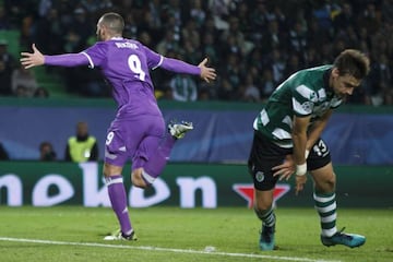 Karim Benzema (left) wheels away after his winner for Real Madrid on Tuesday.