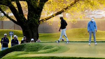 May 18, 2023; Rochester, New York, USA; Tony Finau (left) and Max Homa on the 15th green during the first round of the PGA Championship golf tournament at Oak Hill Country Club. Mandatory Credit: Adam Cairns-USA TODAY Sports