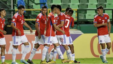 Futbol, Ecuador vs Chile.
Fase de grupos, Sudamericano Sub 20.
Los jugadores de la seleccion chilena sub 20 celebran su gol contra Ecuador durante el partido del grupo B del campeonato sudamericano sub 20 realizado en el estadio Deportivo Cali de Cali, Colombia.
20/01/2023
Santiago Cortes/Photosport