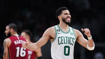 May 19, 2023; Boston, Massachusetts, USA; Boston Celtics forward Jayson Tatum (0) reacts after a play against the Miami Heat in the second half during game two of the Eastern Conference Finals for the 2023 NBA playoffs at TD Garden. Mandatory Credit: David Butler II-USA TODAY Sports