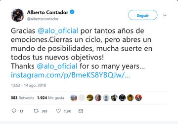 El ciclista Alberto Contador le desea suerte en sus "nuevos objetivos".