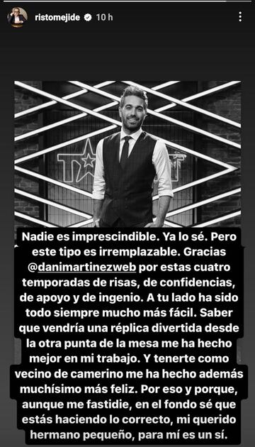 El emotivo mensaje de Risto a Dani Martínez tras su marcha de ‘Got Talent’. INSTAGRAM.